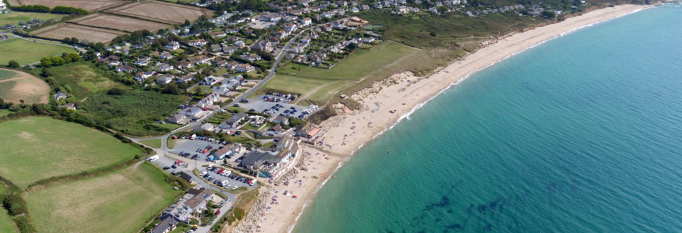 Aerial view of Praa Sands beach in Cornwall.